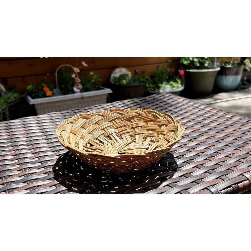 Vintage Wicker Rattan Woven Slat Bowl Basket 9" Boho MCM Farmhouse Decor